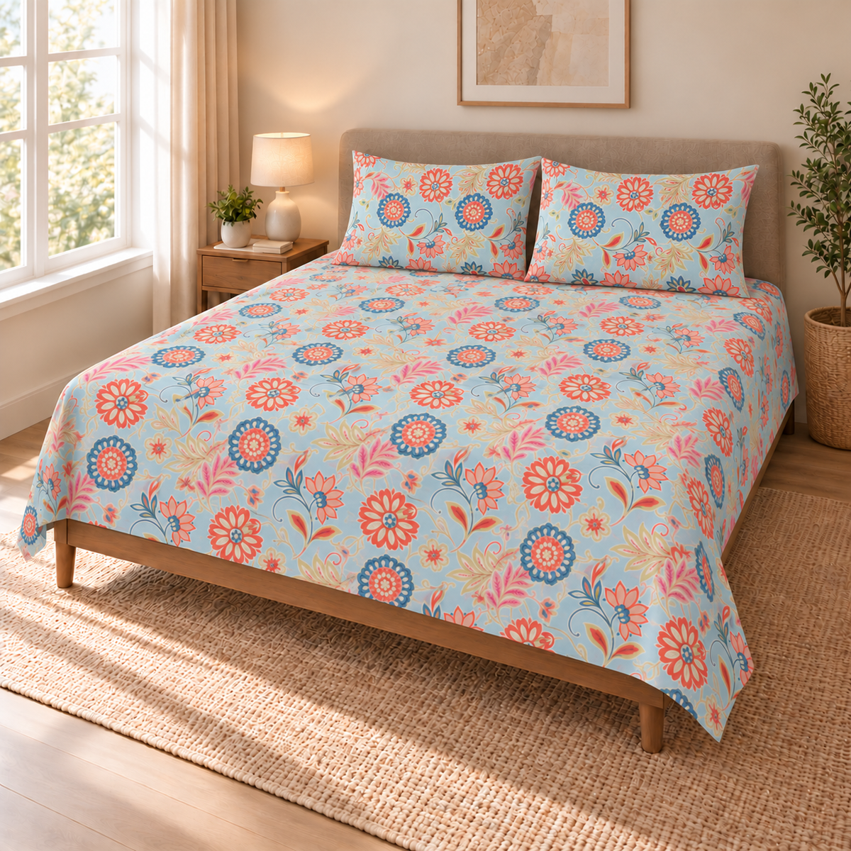 Delight bedspread in blue and coral