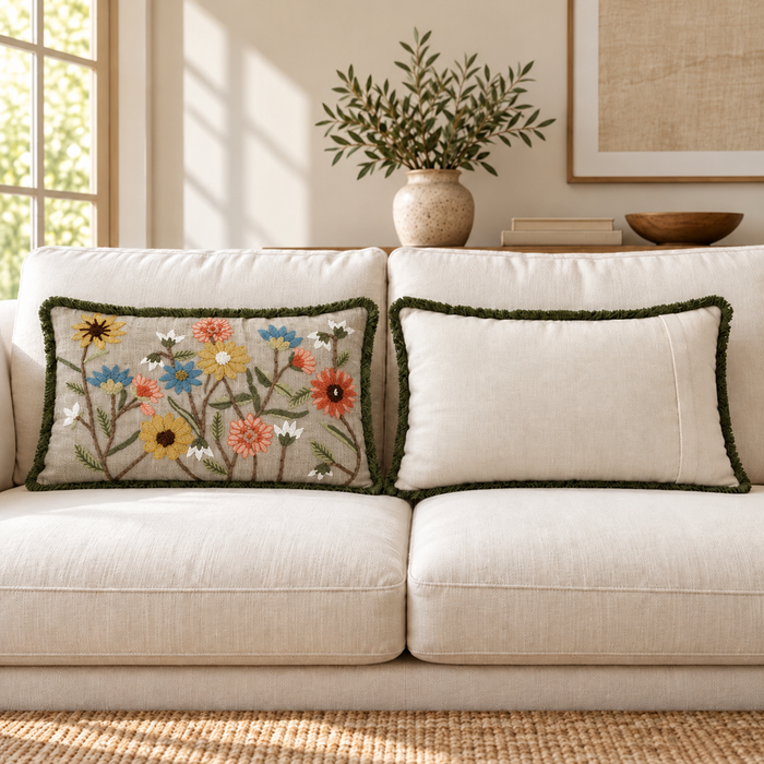 Jute Floral Embroidery Cushion Cover